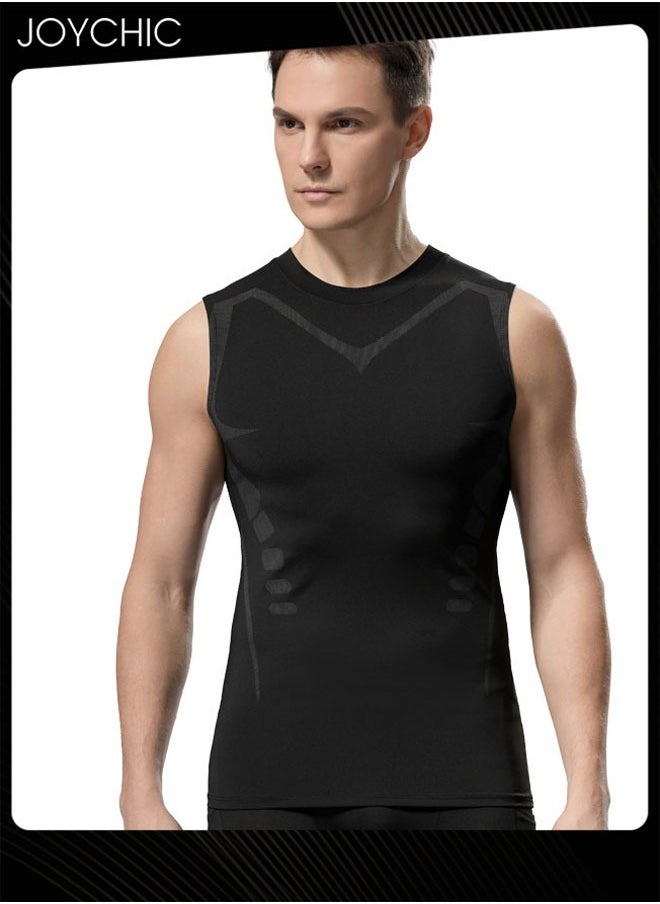 Joychic - Men Sports Vest Quick-drying and Breathable High-elastic Tights Fitness Basketball Running Training Wide Shoulder T-shirt for All Seasons Black - Image 1