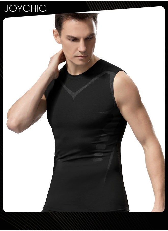 Joychic - Men Sports Vest Quick-drying and Breathable High-elastic Tights Fitness Basketball Running Training Wide Shoulder T-shirt for All Seasons Black - Image 1