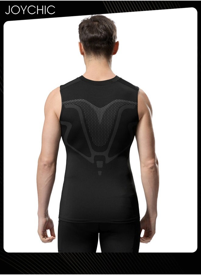 Joychic - Men Sports Vest Quick-drying and Breathable High-elastic Tights Fitness Basketball Running Training Wide Shoulder T-shirt for All Seasons Black - Image 1