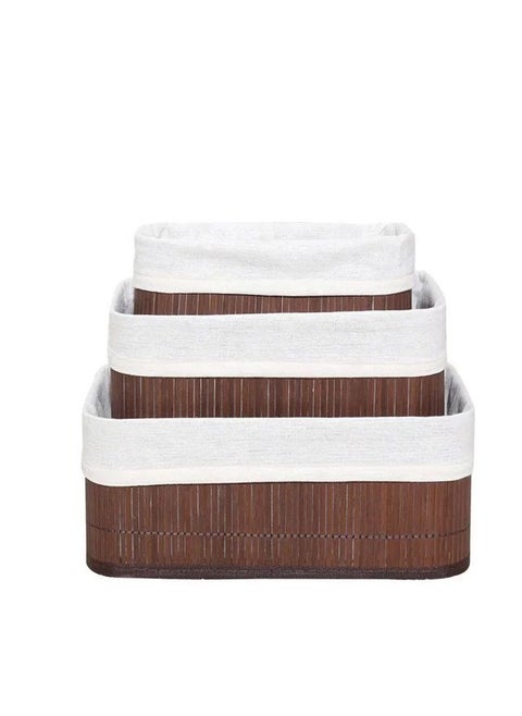 Bamboo Storage Basket Set of 3  with Fabric Liner Square shape  - Brown