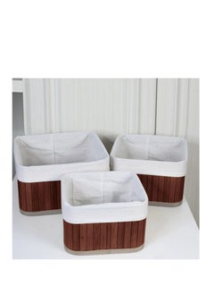 Generic Bamboo Storage Basket Set of 3  with Fabric Liner Square shape  - Brown  - Image 2
