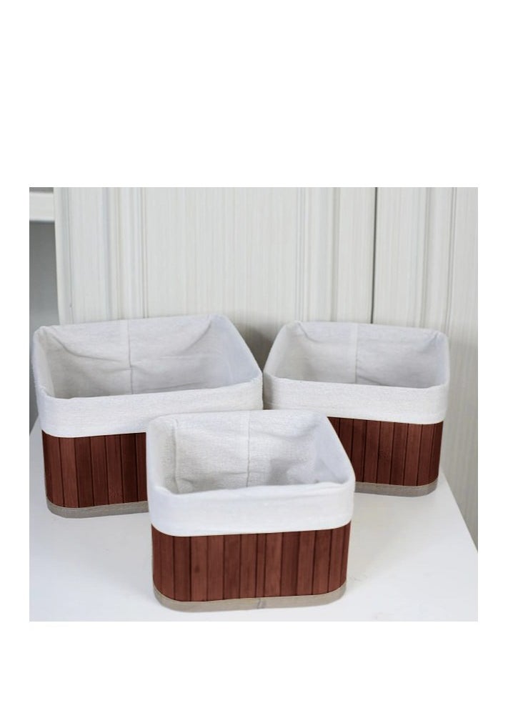 Generic - Bamboo Storage Basket Set of 3  with Fabric Liner Square shape  - Brown - Image 1