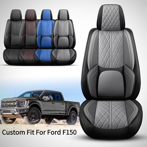 DuDuWang Car Seat Cover Custom Fit for Ford F150 2009-2025 Faux Leather Seat Cover Set Compatible with Crew Quad Regular Cab Pickup Truck Cushions (Black & Grey, Front Seat) - Image 2