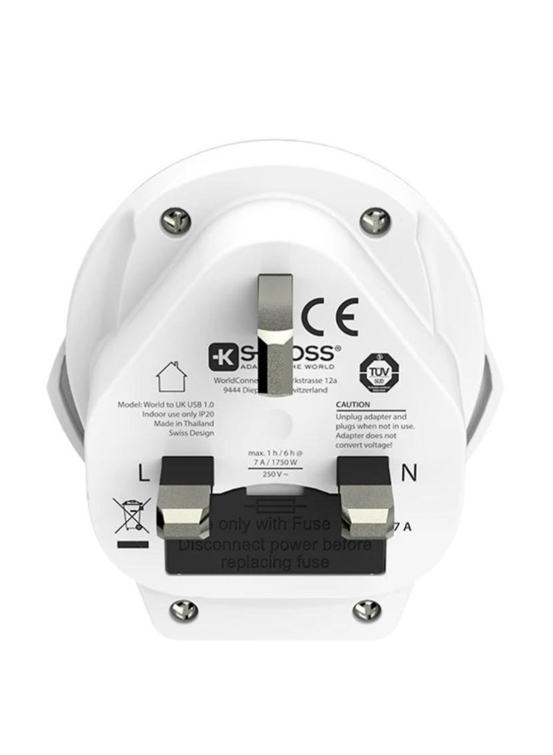 SKROSS World to UK Travel Adapter with USB-A Charging Port, 7A 250V Universal Plug Adapter for UK, UAE, Saudi Arabia, Singapore, Hong Kong & More, 12W USB Charger, White - Image 3