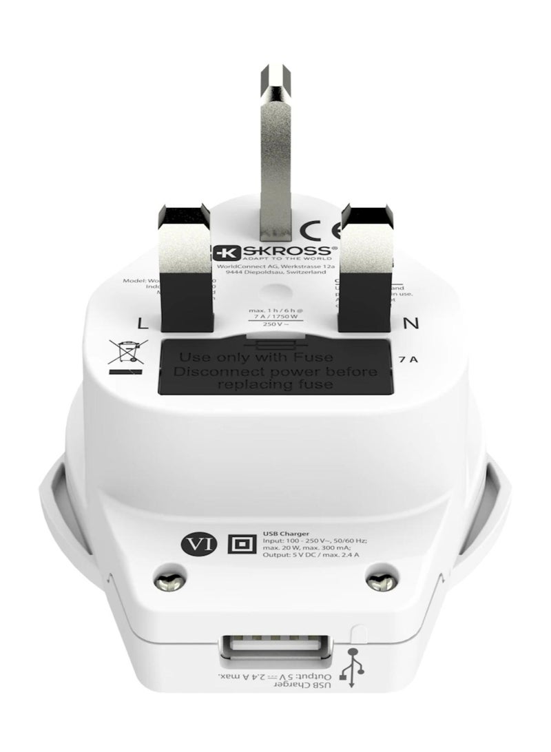 SKROSS World to UK Travel Adapter with USB-A Charging Port, 7A 250V Universal Plug Adapter for UK, UAE, Saudi Arabia, Singapore, Hong Kong & More, 12W USB Charger, White - Image 4