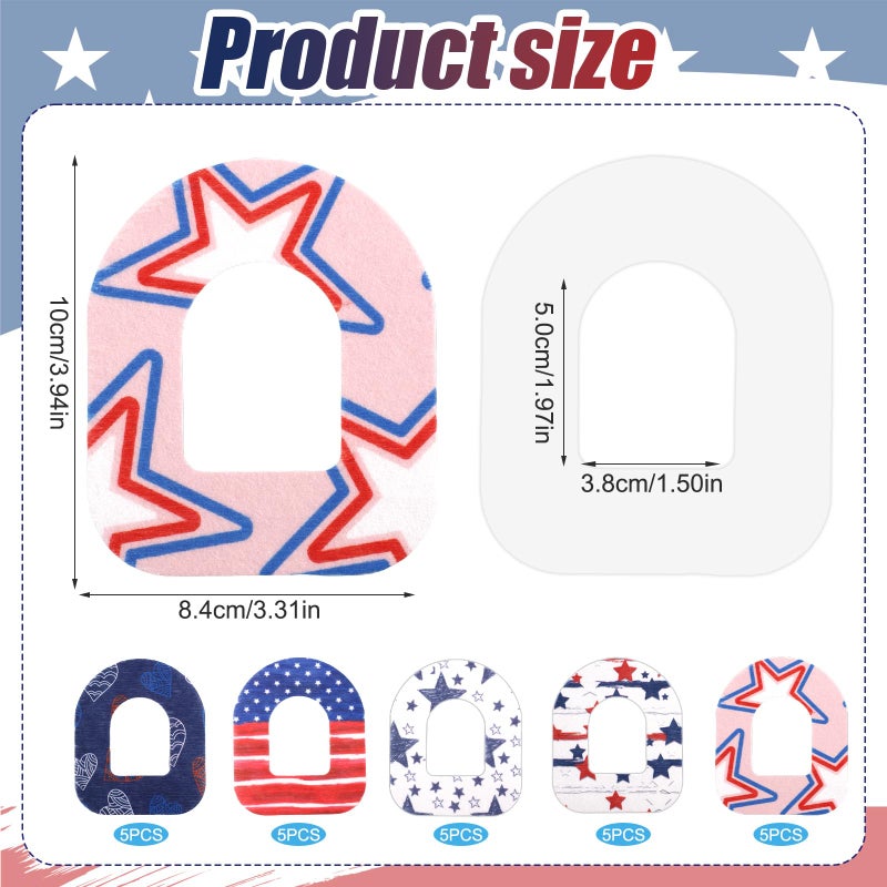 XIHIRCD 25pcs Adhesive Patches for Omnipod, 4th of July Independence Day CGM Patch Protector Waterproof Overpatch Sweatproof Tape Pre-Cut Sensor Sticker Cover Compatible with Omnipod 5 Over Patch (5 Styles) - Image 2