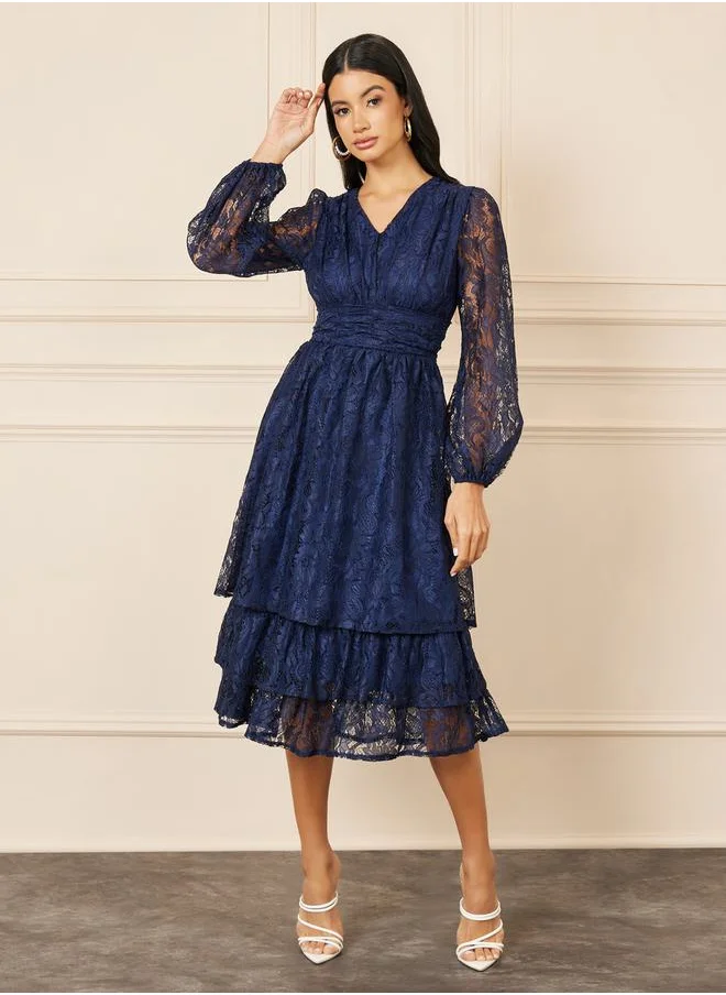 Styli Lace Detail Bishop Sleeve Tiered Midi Dress