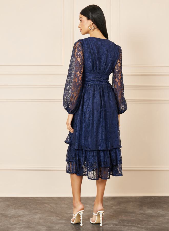 Styli Lace Detail Bishop Sleeve Tiered Midi Dress  - Image 4