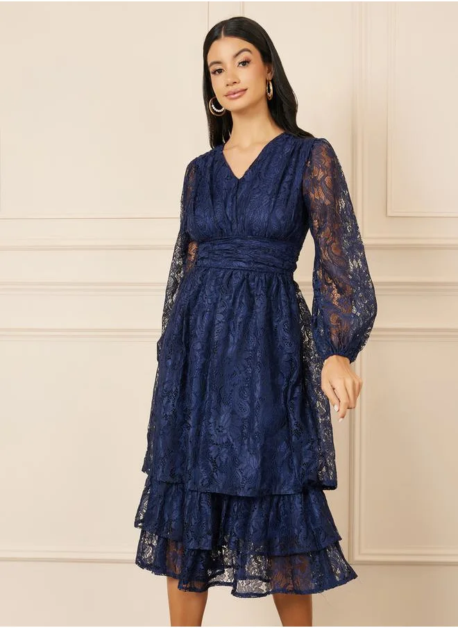 Styli Lace Detail Bishop Sleeve Tiered Midi Dress