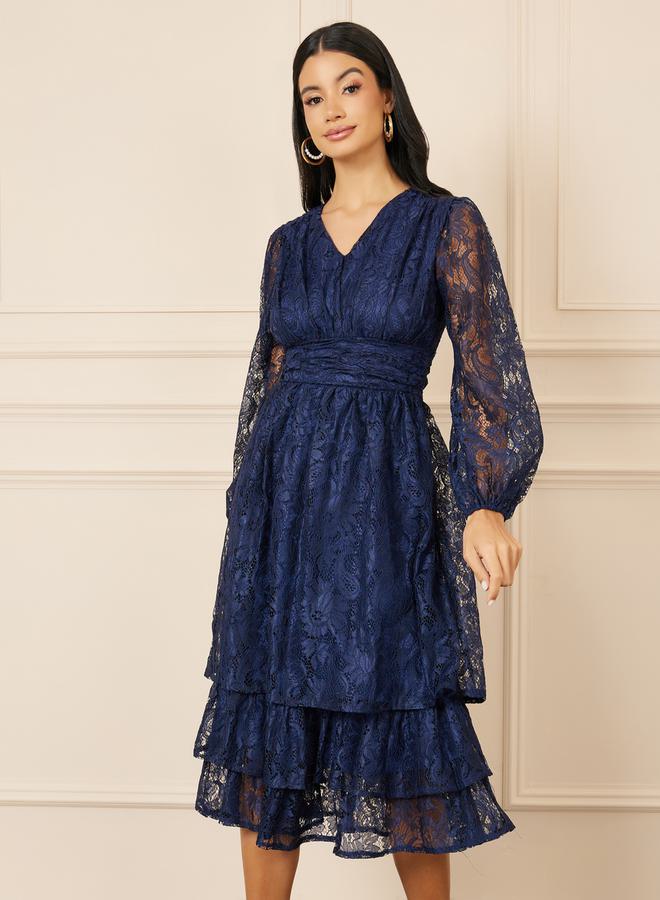 Styli Lace Detail Bishop Sleeve Tiered Midi Dress  - Image 2