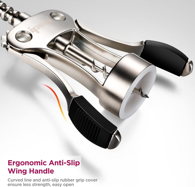 IPOW Wine Opener, Zinc Alloy Wine Bottle Opener, Wing Corkscrew Heavy Duty, Manual Multifunctional Cork Screw for Waiter, Satin Nickel - Image 3