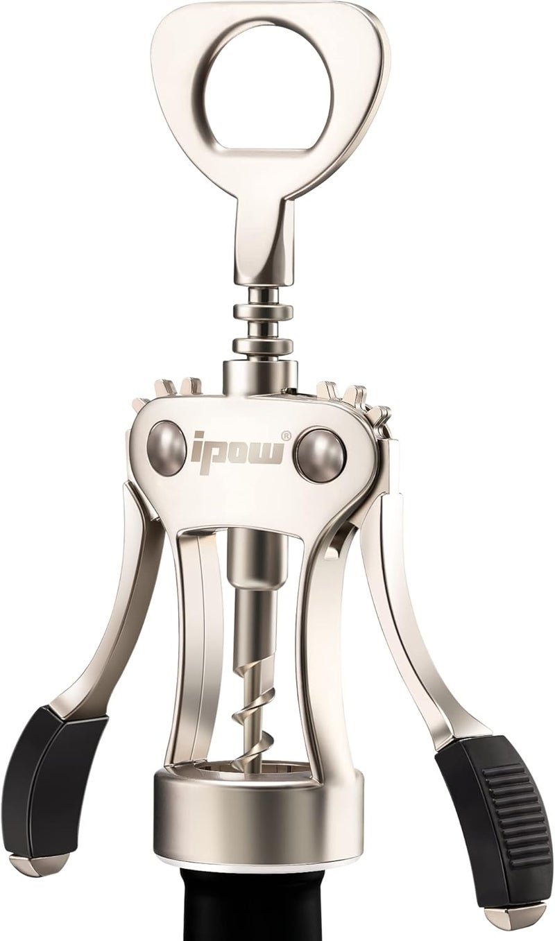 IPOW Wine Opener, Zinc Alloy Wine Bottle Opener, Wing Corkscrew Heavy Duty, Manual Multifunctional Cork Screw for Waiter, Satin Nickel - Image 1