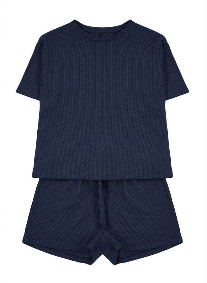trendyol Indigo Waffle Fabric Knitted Pajama Set with Shorts - Image 5