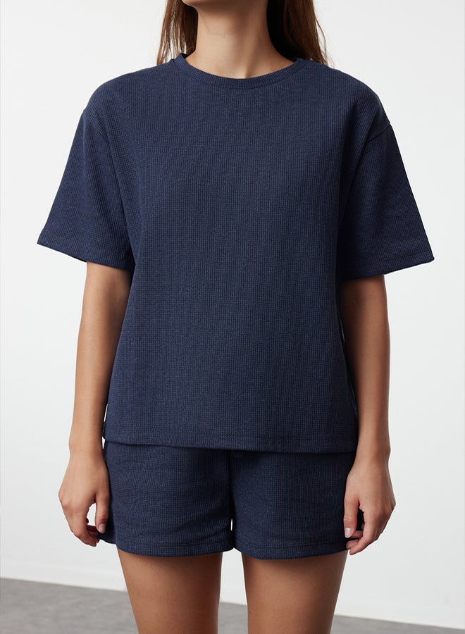 trendyol Indigo Waffle Fabric Knitted Pajama Set with Shorts - Image 3