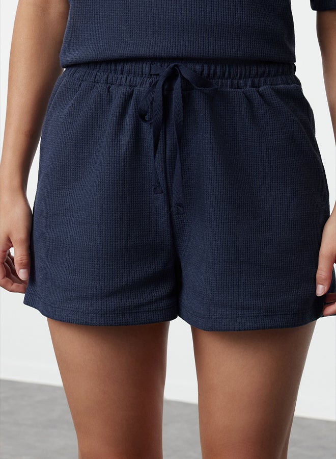 trendyol Indigo Waffle Fabric Knitted Pajama Set with Shorts - Image 4
