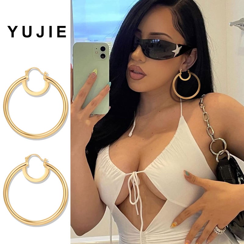 YUJIE Big Gold Hoop Earrings for Women 14K Gold Plated Hypoallergenic Stainless Steel Large Hoop Earrings - Image 2