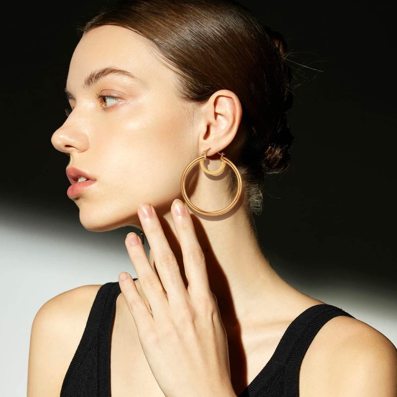 YUJIE Big Gold Hoop Earrings for Women 14K Gold Plated Hypoallergenic Stainless Steel Large Hoop Earrings - Image 4