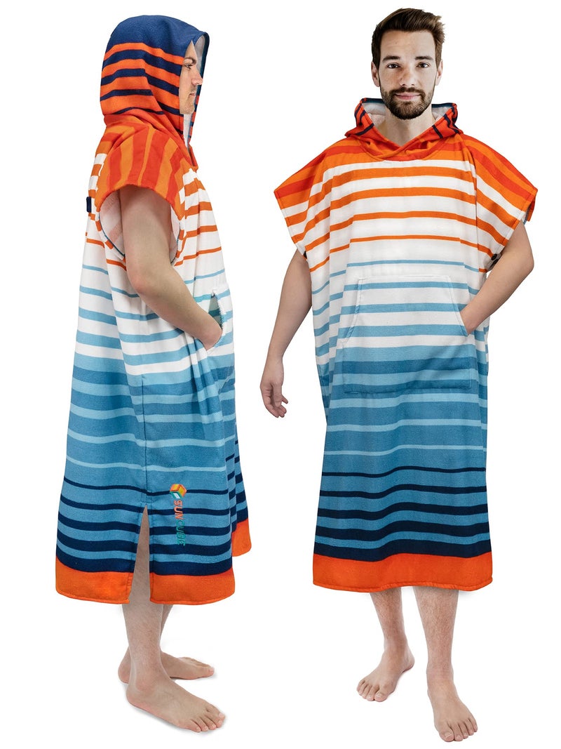 Suncube SUN CUBE Surf Poncho Changing Robe with Hood, Thick Quick Dry Microfiber Wetsuit Changing Towel for Surfing Beach Swim Outdoor Sports Men, Absorbent Wearable Towel Cover Up, Orange Blue Stripe - Image 1