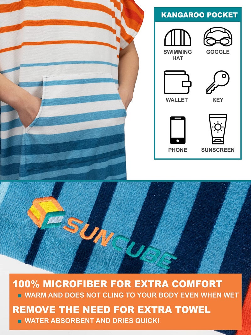 Suncube SUN CUBE Surf Poncho Changing Robe with Hood, Thick Quick Dry Microfiber Wetsuit Changing Towel for Surfing Beach Swim Outdoor Sports Men, Absorbent Wearable Towel Cover Up, Orange Blue Stripe - Image 3