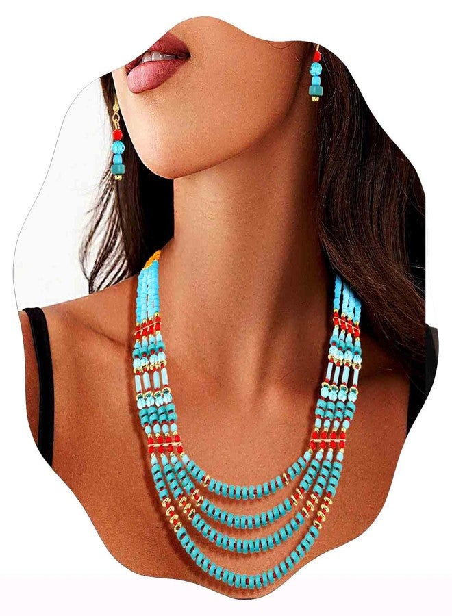 Fstrend Statement Layered Necklace Wood Colors Beaded Bib Necklaces with Earrings Long Multi African Necklaces Costume Set for Women - Image 1