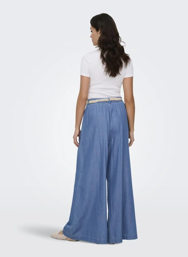 ONLY High-Waist Palazzo Denim Pants with Shell Belt