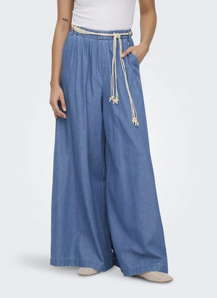 ONLY High-Waist Palazzo Denim Pants with Shell Belt