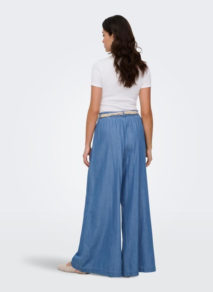 ONLY High-Waist Palazzo Denim Pants with Shell Belt - Image 2