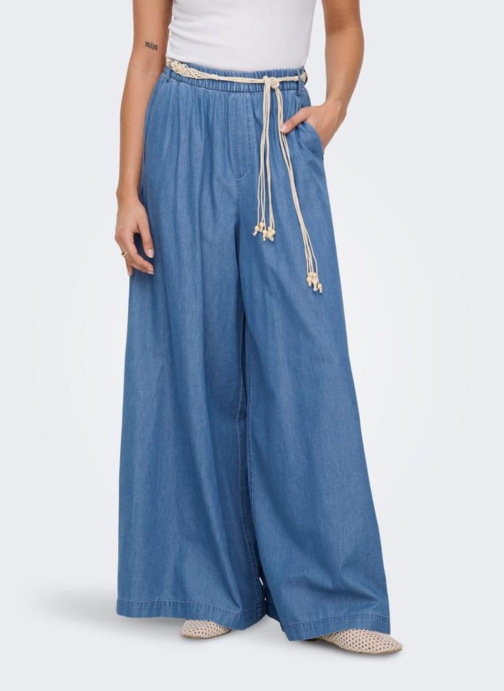 ONLY High-Waist Palazzo Denim Pants with Shell Belt - Image 1