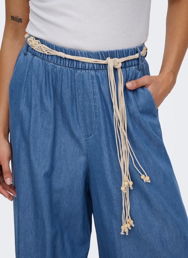 ONLY High-Waist Palazzo Denim Pants with Shell Belt - Image 3