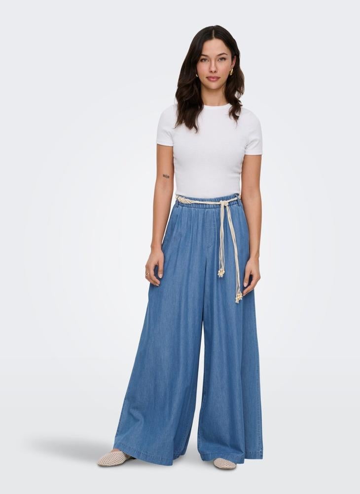 ONLY High-Waist Palazzo Denim Pants with Shell Belt - Image 4