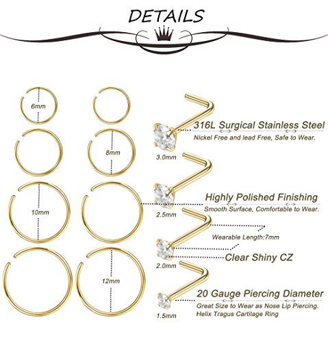 Masedy Nose Rings 12Pcs 20G 316L Stainless Steel L Shaped Nose Studs Cartilage Tragus Septum Piercing Gold - Image 3