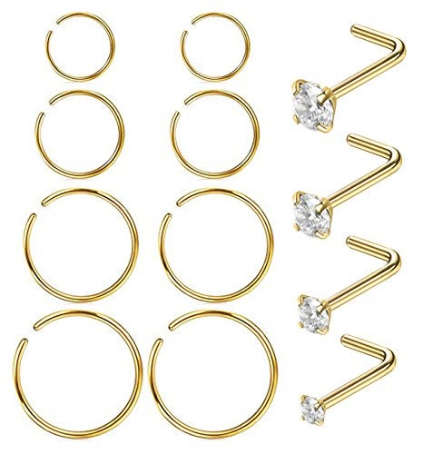 Masedy Nose Rings 12Pcs 20G 316L Stainless Steel L Shaped Nose Studs Cartilage Tragus Septum Piercing Gold - Image 1