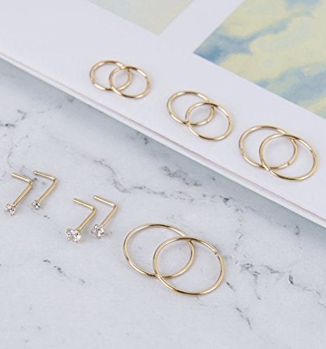 Masedy Nose Rings 12Pcs 20G 316L Stainless Steel L Shaped Nose Studs Cartilage Tragus Septum Piercing Gold - Image 5