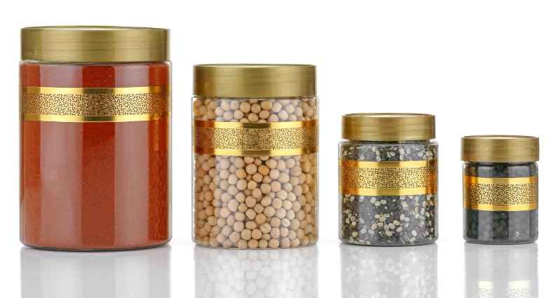 Qshare Kitchen Storage Containers - Transparent Storage Organiser Jar Set with lids & Spoons For Kitchen Pantry, 1200ml, 650ml, 350ml & 250ml Dabba for Snacks, Grains, Dry Fruits (Gold, Set of 12pc) - Image 3