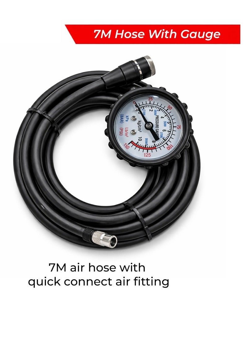 7M Heavy-Duty Tire Pressure Gauge with Hose - Durable Analog Pressure Gauge, Quick Connect Valve, Multi-Unit Display (PSI/BAR/KPA) for Cars, Motorcycles, Bicycles - Easy Tire Inflation & Maintenance Tool - Image 1