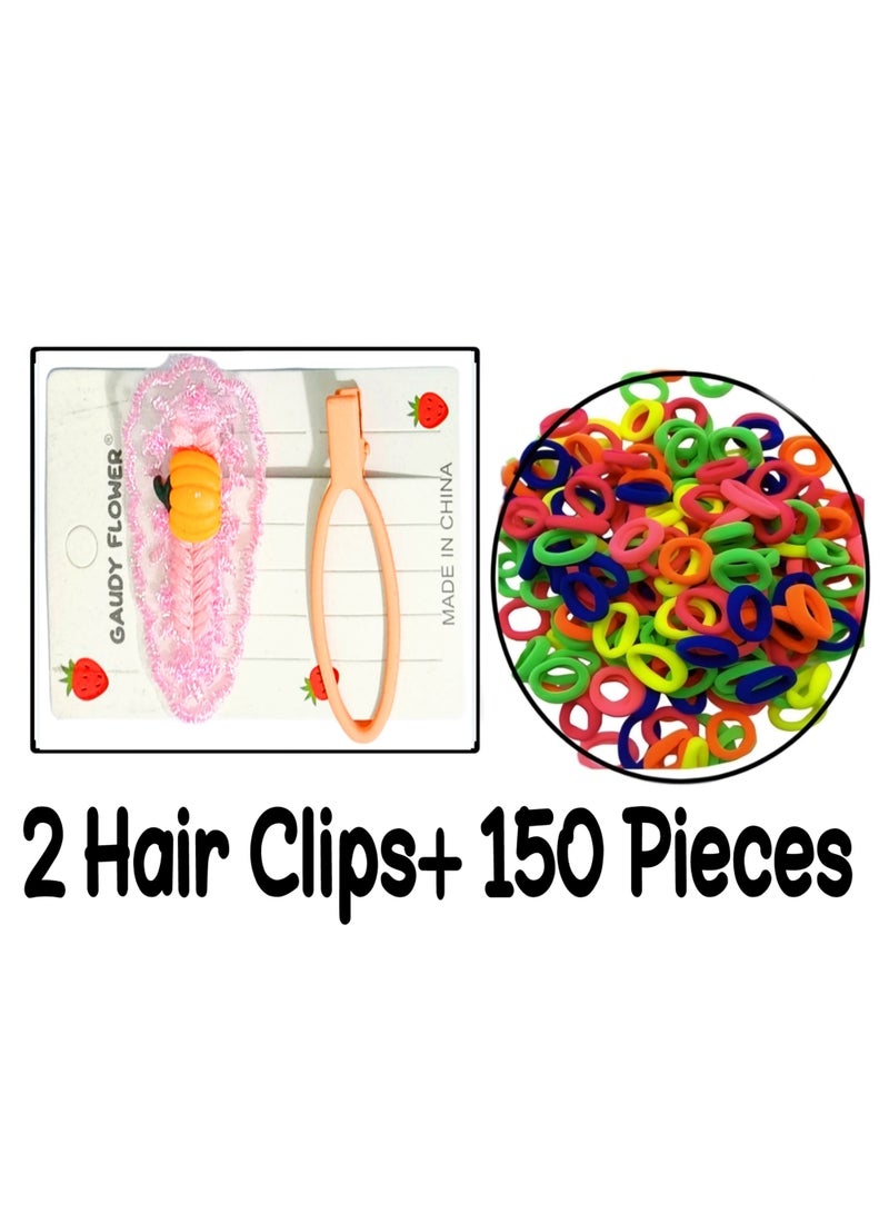 Set of 150 Girly colorful elastic hair bobbles ties and 2 hair clips - Image 1