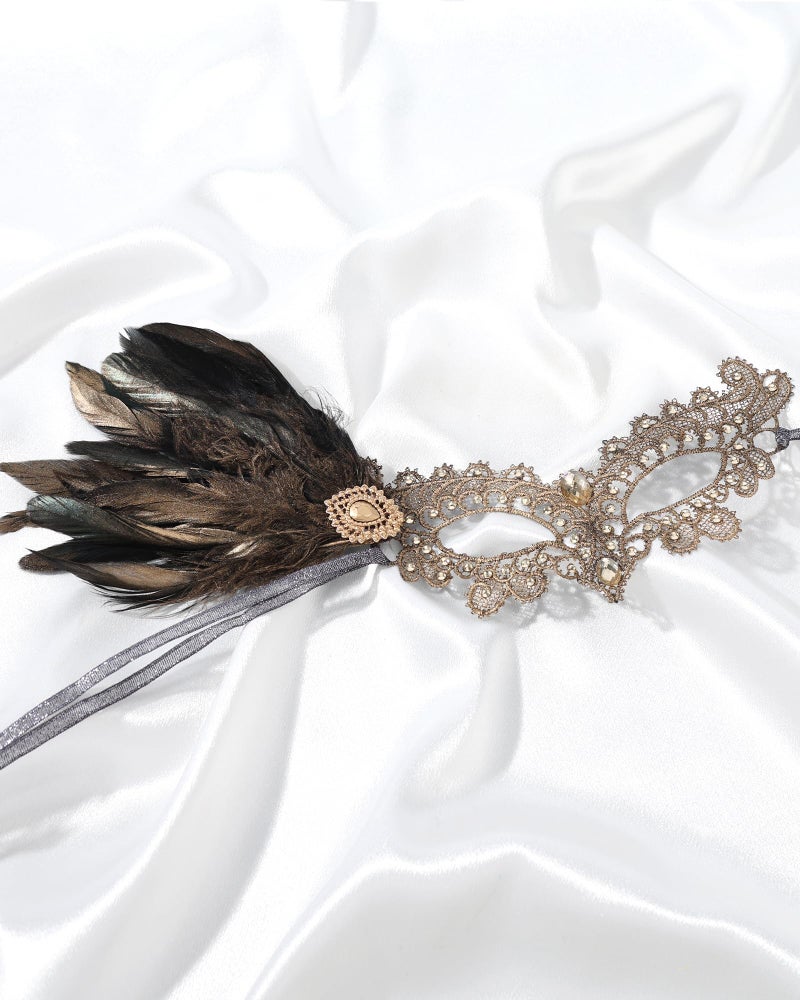 Zinniday Gold Feather Masquerade Masks - Halloween Lace Mask with Gold Shiny Rhinestone for Women, 1920s 50s Antique Venetian Eyemask for Renaissance Cosplay Costume Party Carnival Prom - Image 3