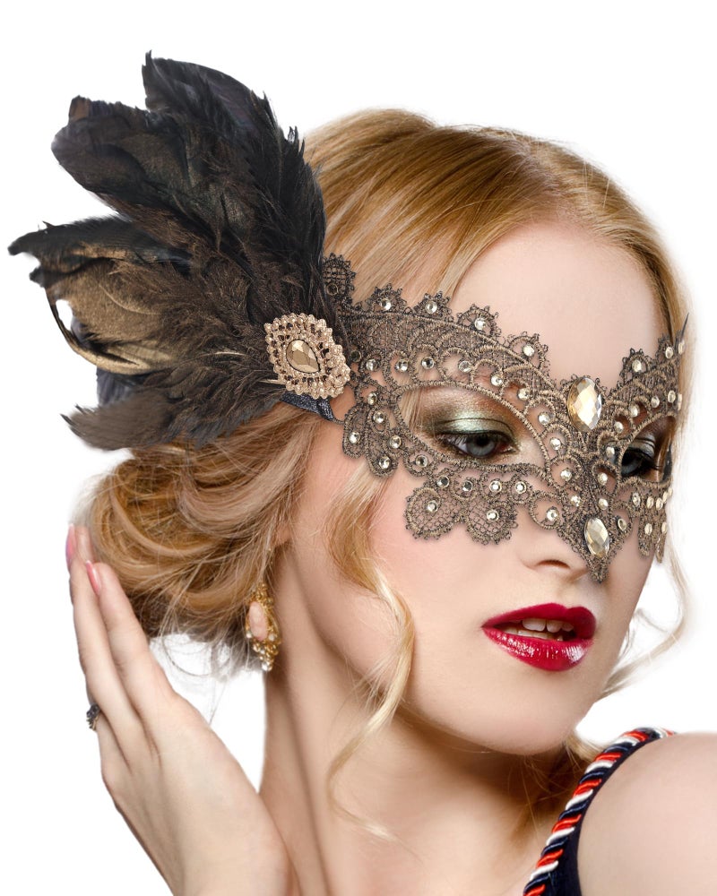 Zinniday Gold Feather Masquerade Masks - Halloween Lace Mask with Gold Shiny Rhinestone for Women, 1920s 50s Antique Venetian Eyemask for Renaissance Cosplay Costume Party Carnival Prom - Image 1