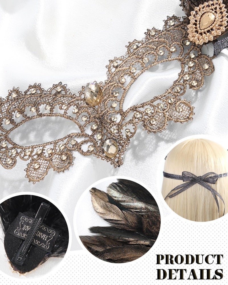 Zinniday Gold Feather Masquerade Masks - Halloween Lace Mask with Gold Shiny Rhinestone for Women, 1920s 50s Antique Venetian Eyemask for Renaissance Cosplay Costume Party Carnival Prom - Image 5