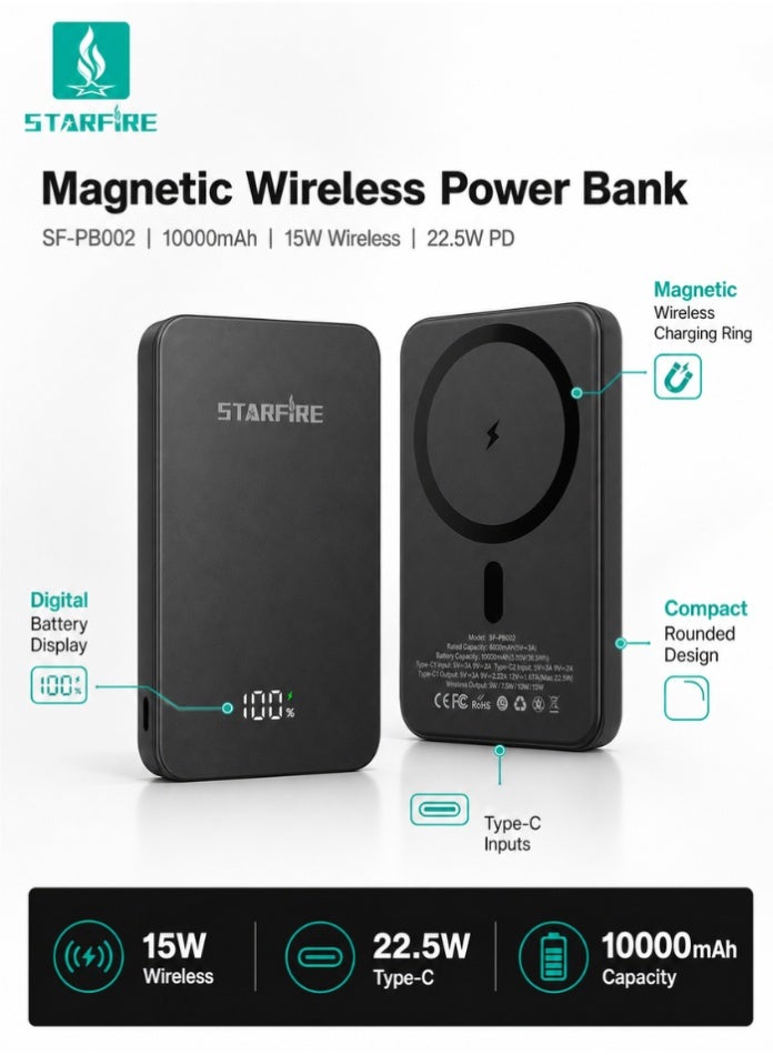 Starfire 10000mAh Wireless Power Bank 22.5W Fast Charging Portable Battery Pack with LED Digital Display, Type-C Input/Output, 15W Wireless Charging for iPhone, Samsung & Other Devices - Image 2