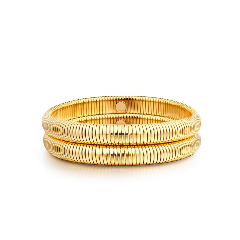 Badu Gold Bangle Filled Bracelets for Women Stretchy Stainless steel Link Chain Flexible water proof Bracelets (8mm wide, 7.0 inches long) - Image 1
