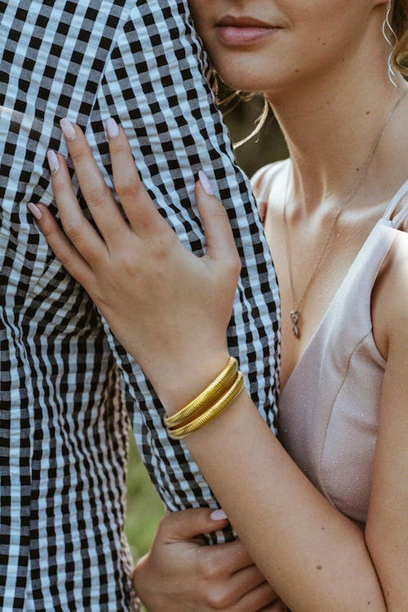 Badu Gold Bangle Filled Bracelets for Women Stretchy Stainless steel Link Chain Flexible water proof Bracelets (8mm wide, 7.0 inches long) - Image 4