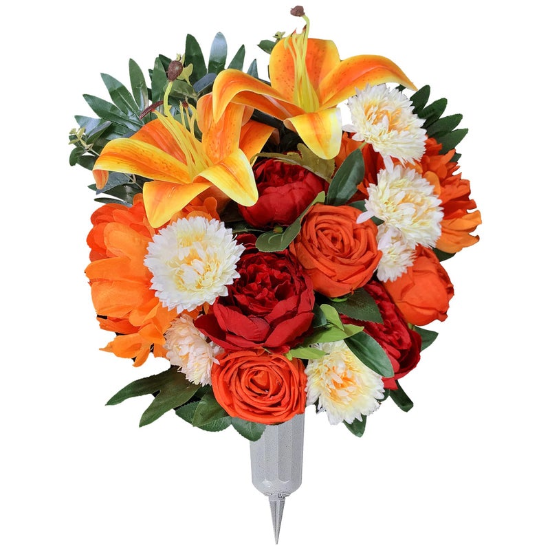 HENOMO Artificial Cemetery Flower with Vase for Headstone Outdoor Grave DecorationFloristArranged Memorial BouquetOrange Rose and White Mum MixEasy Fit