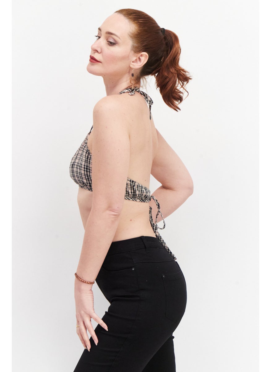 NOISY MAY Women Halter Neck Sleeveless Checkered Top, Black Combo  - Image 3