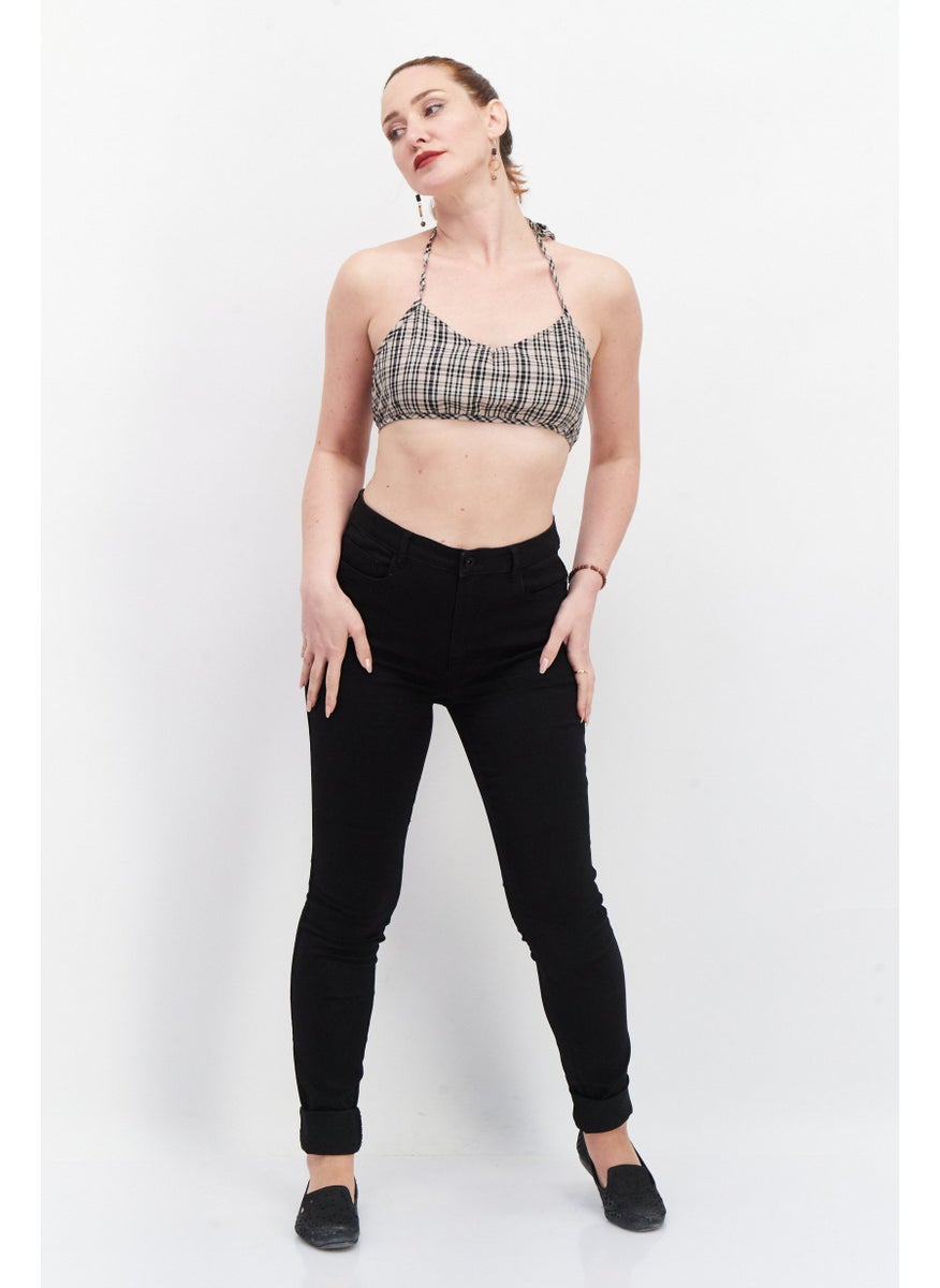 NOISY MAY Women Halter Neck Sleeveless Checkered Top, Black Combo  - Image 1