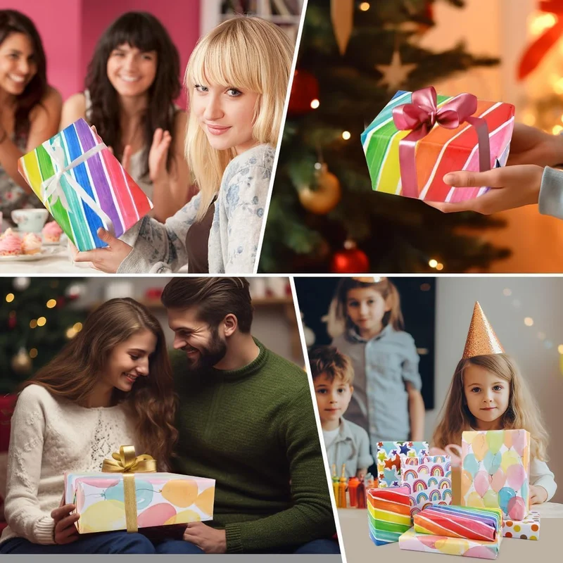 Quesera  4-Pack PREMIUM Gift Wrapping Paper Rolls – 12 Meters | 4 Colorful Designs – Rainbows, Stars, Polka Dots & Balloons  | Best Price UAE