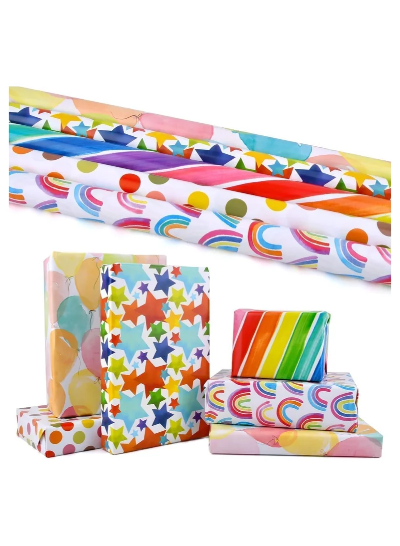 كويزيرا 4-Pack PREMIUM Gift Wrapping Paper Rolls – 12 Meters | 4 Colorful Designs – Rainbows, Stars, Polka Dots & Balloons