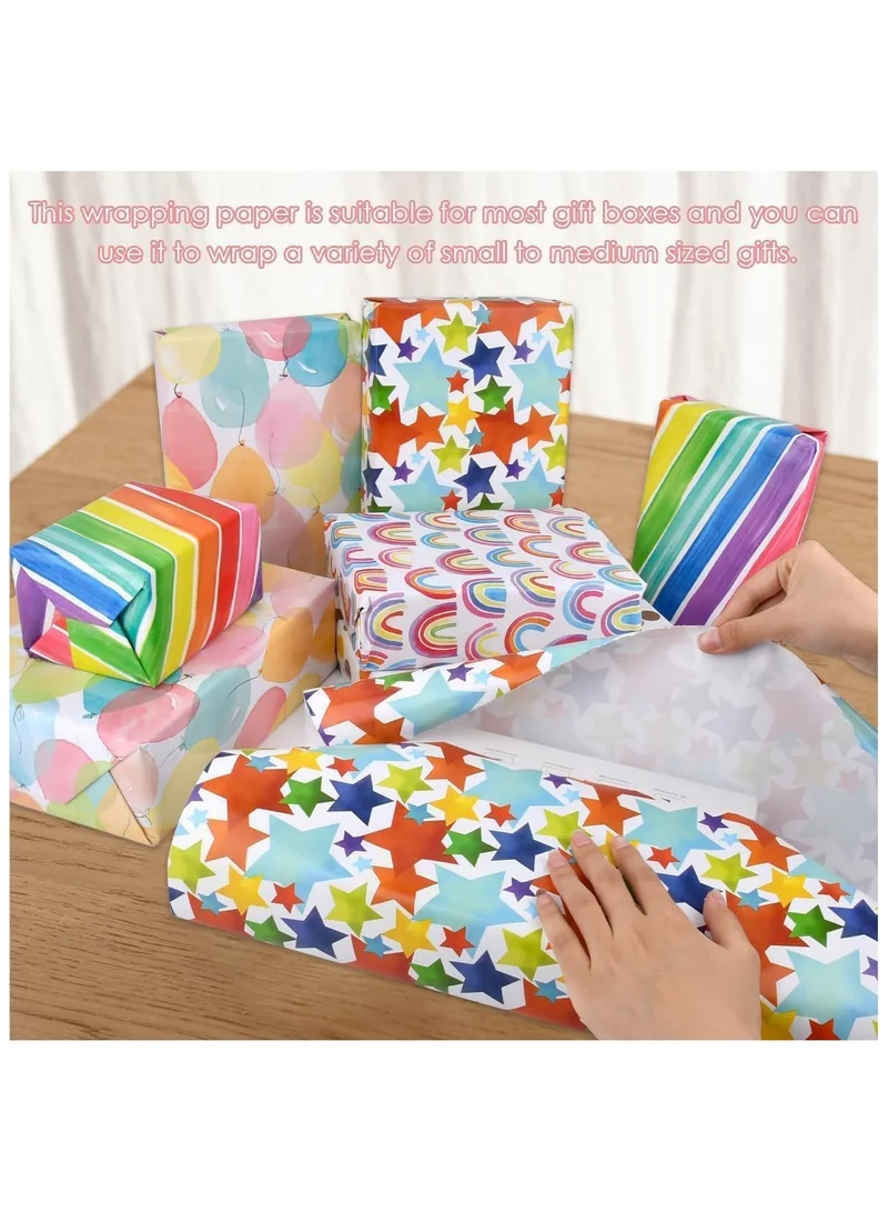 Quesera  4-Pack PREMIUM Gift Wrapping Paper Rolls – 12 Meters | 4 Colorful Designs – Rainbows, Stars, Polka Dots & Balloons  | Best Price UAE