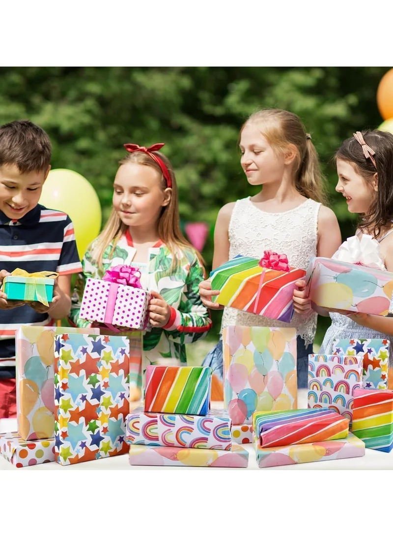 Quesera  4-Pack PREMIUM Gift Wrapping Paper Rolls – 12 Meters | 4 Colorful Designs – Rainbows, Stars, Polka Dots & Balloons  | Best Price UAE