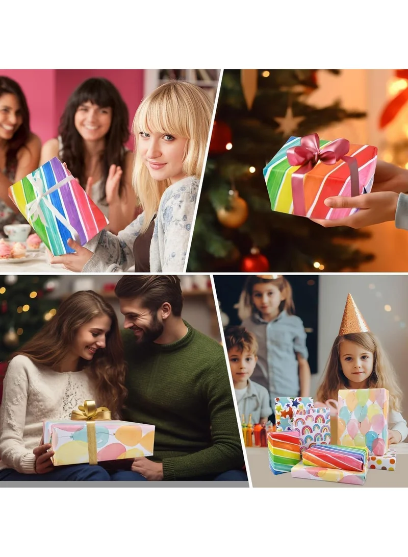 Quesera  4-Pack PREMIUM Gift Wrapping Paper Rolls – 12 Meters | 4 Colorful Designs – Rainbows, Stars, Polka Dots & Balloons  | Best Price UAE